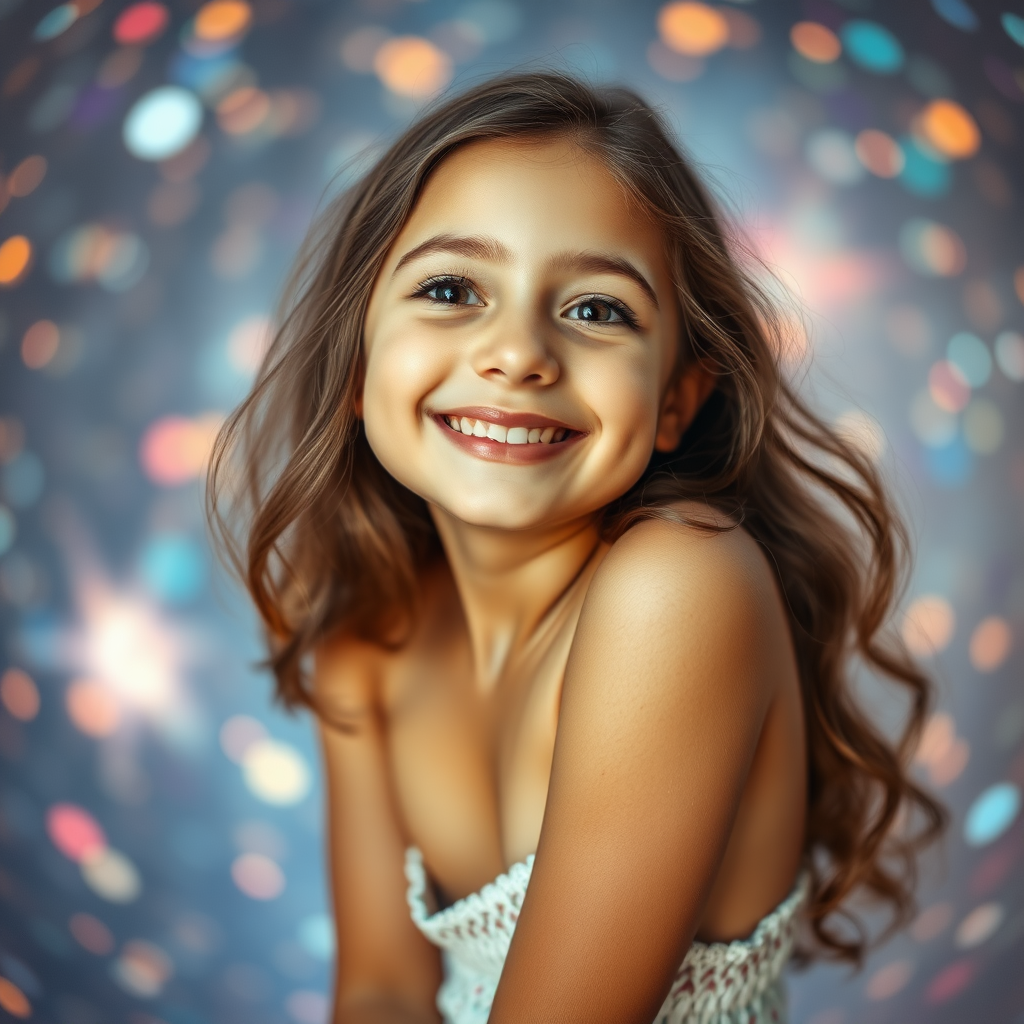 preteen girl in natural pose, relaxed smile, full body shot, dreamscape, nebula, Bokeh, abstract, brilliant colors, glittering, translucent, iridescent, natural skin, glowing, artistic photo, wide angle, cute, interesting, microscopy, airy, original, experimental, refraction