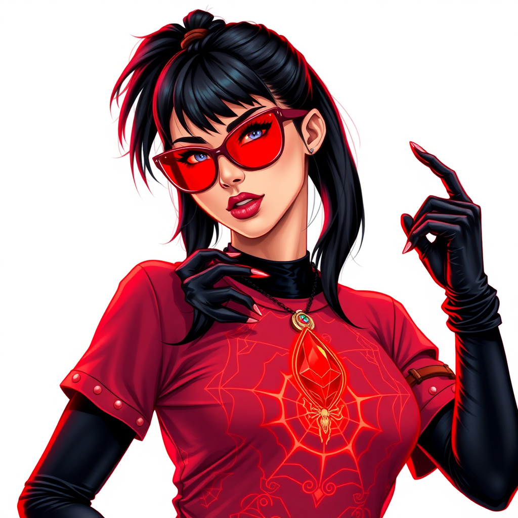 A hot 26-year-old mystical corporate hero hunter with a single black ponytail, maximum red lipstick, striking blue eyes, dressed in a maximum red t-shirt adorned with intricate neon red glowing web patterns, equipped with black biker gloves, and wearing glowing neon red-lensed shades and a mystical red gemstone amulet featuring an intricate web design that grants her the cunning and trickery of Anansi. She poses flirtatiously against a solid white background, exuding an aura of mystical power and intelligence. She is drawn as if she was in a retro 2D cyberpunk fighting game. She glows neon red showing her mystical powers.