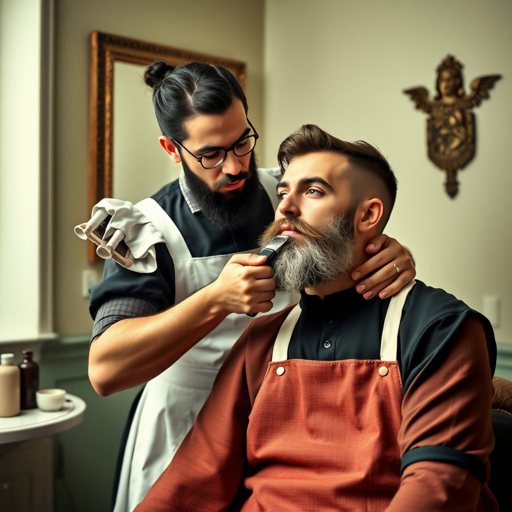 french maid, shaving a man's beard