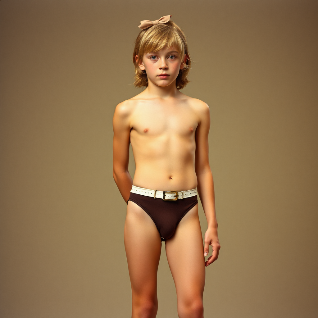 A skinny 14yo teen boy, long hair bow cut, wearing tight narrow speedo, garter belt, long stockings, long legs, narrow thighs. full-length view. 1970s. photorealistic, ultra high resolution, 16K, Negative: grainy, blurry, bad anatomy, extra limbs, watermark.