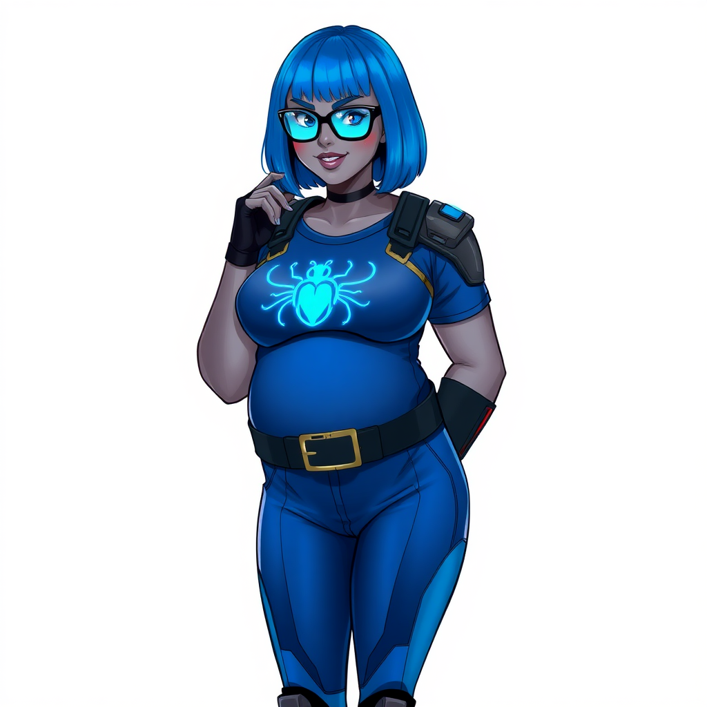 A 28-year-old, full-figured, middle gray skinned computer program hybrid with a maximum blue bob cut. She has a non-athletic, full-figured build, highlighted by a prominent, round, large midsection (with full emphasis on her large belly). As the full-figured digital sidekick to her cyberpunk vigilante boyfriend, her middle gray metallic skin and maximum blue lipstick emphasize her digital nature. She wears a digital, computerized costume inspired by DC’s Carrie Kelly Robin, consisting of a huge, tight-fitting, maximum blue t-shirt with a neon blue glowing chest icon of a beetle, hi-tech shoulder pads with neon blue accents, a black hi-tech belt with a digital neon blue glowing buckle, digital maximum blue pants with neon blue accents, and black hi-tech fingerless biker gloves with neon blue glowing accents. Her bright blue eyes, black eyeglasses with a neon glowing blue lenses with built-in HUD, and shy smile with neon red blush accentuate her nerdiness. She stands bashfully with one hand behind her back and the other hand gently touching her cheek, her costume covering all her skin and emphasizing her full-figured physique (especially her belly). She is clearly non-athletic, with a heavy focus on her large belly. Despite her build, she radiates beauty. She has a slim face compared to her physique, accentuating her radiant beauty. She is on a solid white background. She is drawn as if she were in a retro 2D cyberpunk fighting game.