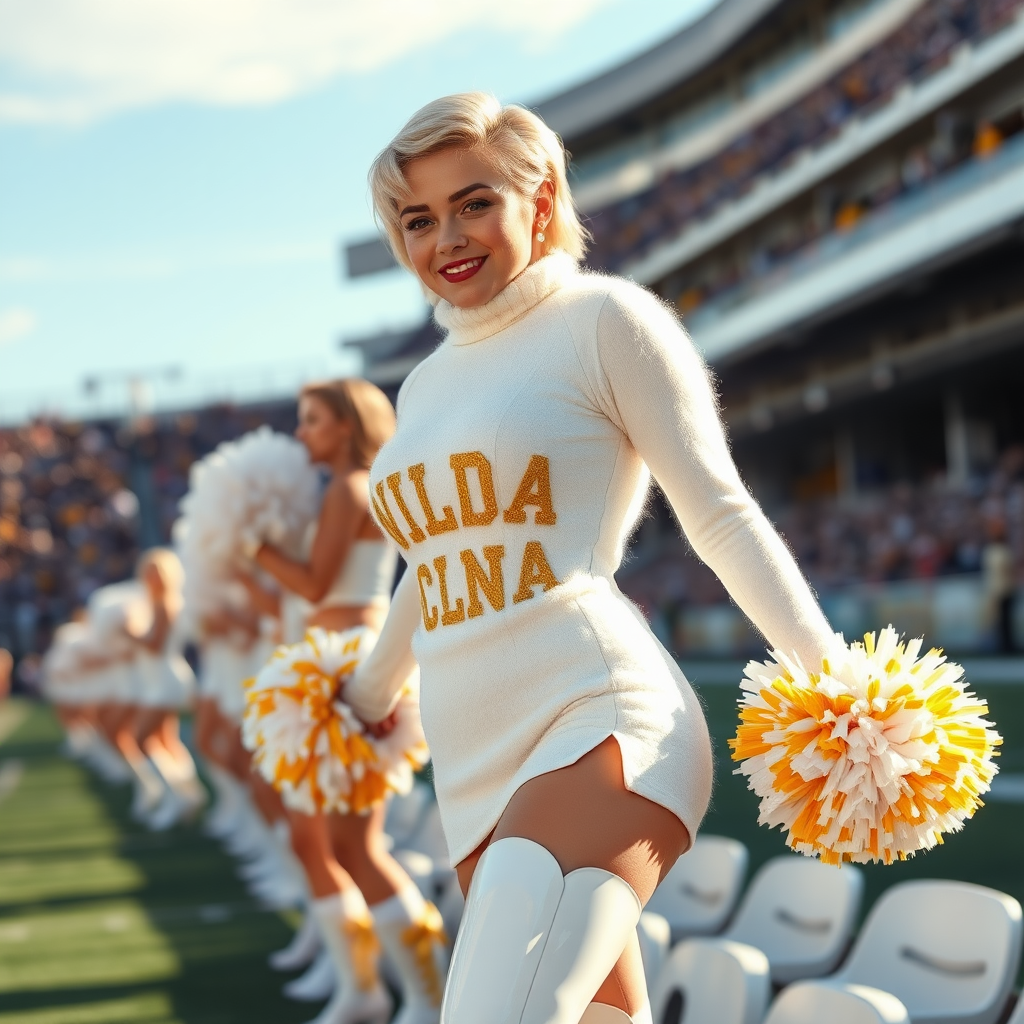 Sunny cold fall noon, college football stadium game, cheerleaders cheering for the home team: Ana, a 17-year-old European femboy very convincingly dubbed the “QB’s trophy-bimbo,” tamed, servile, and docile, with a very beautiful, feminine, flawless face, rather short boyish figure, platinum blonde short tight curls, bold red lips, heavily made-up face, wearing a Supertanya-style chunky fluffy very fuzzy bright white plush mohair figure-hugging turtleneck knit dress with “gold “WILDCATS” letters, white vinyl thigh-high boots with golden heels and white furry trimming, large gold-white pompoms, pearl earrings, leaning forward presenting her assets to irritate the visiting team.