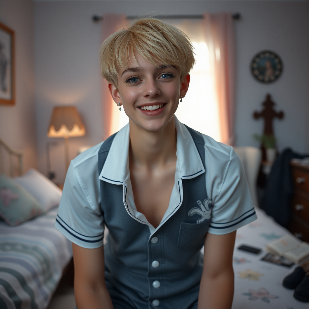 photorealistic, ultra high resolution, 16K, surreal fantasy, soft studio lighting, a pretty 16 year old goth male, slim male physique, short blonde hair, goth makeup, earrings, sheer pantyhose, UK girls-school uniform, Mary-Jane shoes, in the bedroom - , excited smile, facing the camera.