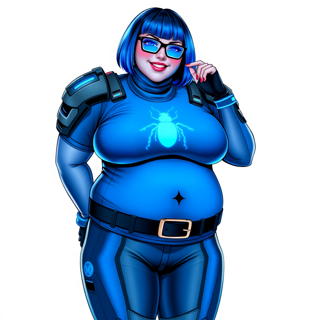 A 28-year-old, full-figured, metallic maximum blue (5PB 5/10) skinned computer program hybrid with a maximum blue bob cut. She has a non-athletic build, highlighted by a prominent, round midsection (with heavy emphasis on her round belly), which shows the effects of her love of junk food acquired from her boyfriend. As the full-figured, nerdy, digital sidekick to her cyberpunk vigilante boyfriend, her metallic maximum blue skin and maximum blue lipstick (5PB 5/12) emphasize her digital nature. Her skin has a subtle, animated glow, with digital patterns occasionally flickering across it, making her digital nature obvious. She wears a digital, computerized costume, consisting of a massive, tight-fitting, maximum blue biker shirt (5PB 5/12) made out of advanced nanotech with a neon blue glowing chest icon of a beetle, hi-tech shoulder pads with neon blue accents, a black hi-tech belt with a digital neon blue glowing buckle, digital maximum blue biker pants (5PB 5/12) with neon blue accents, and black hi-tech fingerless biker gloves with neon blue glowing accents. Her neon blue glowing eyes, black eyeglasses with neon blue glowing lenses equipped with a built-in HUD, and bashful smile with neon red blush accentuate her nerdiness. She stands bashfully with one hand behind her back and the other hand gently touching her cheek, her costume covering all her skin and emphasizing her full figure (especially her round belly). She is clearly non-athletic, with a focus on her full-figured physique. Despite her build, she radiates beauty. She has a slim face compared to her physique, accentuating her radiant beauty. She is on a solid white background. She is drawn as if she were in a retro 2D cyberpunk fighting game.