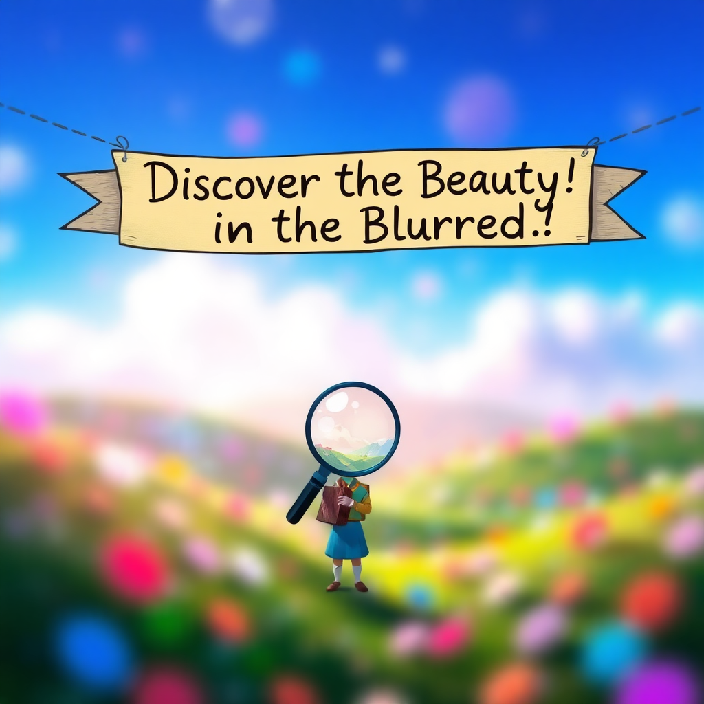 An imaginative scene depicting a dreamy landscape where everything is softly out of focus, with vibrant colors blending into one another, while a character holds a magnifying glass trying to find clarity amidst the blur, and a banner overhead reads, "Discover the Beauty in the Blurred!"