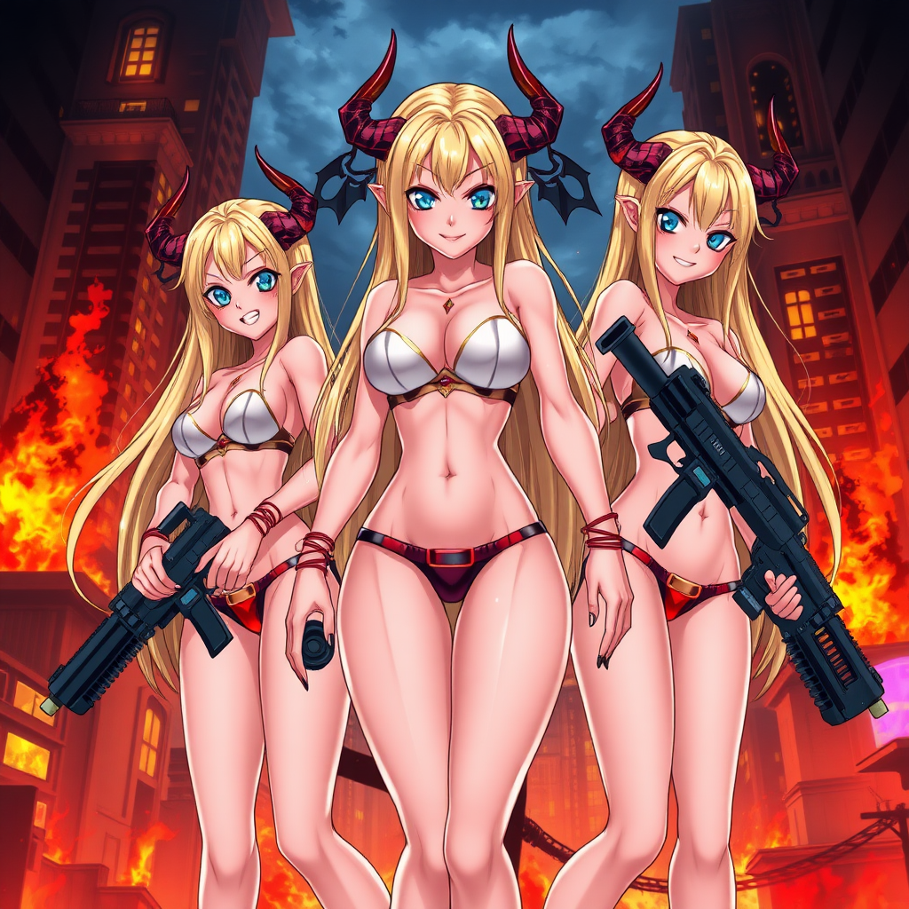 Anime, city burning background, 3 mischievous tall-slender demon girl, long blond hair, blue eyes, wearing sexy-micro bikini-bra-like clothing, g-string, Womb tattoo on belly, mischievous smile, large breasts, full body, long legs, looking at viewer, each are holding tech-blaster guns