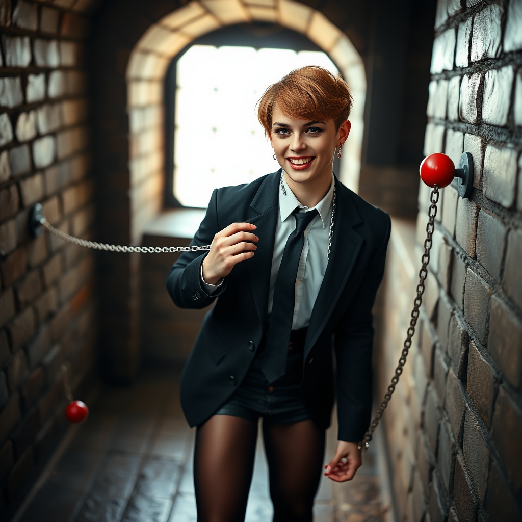 photorealistic, ultra high resolution, 16K, surreal fantasy, soft studio lighting, Tyler Swift is a pretty 18 year old goth male, slim male physique, auburn hair, goth makeup, earrings, shiny black pantyhose, school uniform shirt tie and blazer, Mary-Jane shoes, spikey neck collar chain and leash, red ball-gag, in a dungeon, the end of the leash is chained to the wall, in daylight, excited smile, facing the camera.