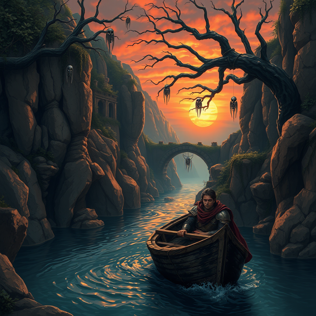 A dramatic scene unfolds in the heart of a mystical realm. A small boat, battered and worn, carries a wounded knight through a winding river, its path carved through imposing cliffs. The cliffs are scarred with ancient ruins, remnants of a bygone era, and punctuated by natural rock bridges, overgrown with vines and foliage. The gnarled branches of old trees, laden with hanging skeletons and warrior armors, stretch towards the sky, casting long shadows across the water. The sun, a fiery orb, sets low in the sky, painting the clouds in hues of crimson and gold, casting a mystical glow over the scene. The knight's face, etched with pain and determination, reflects the harshness of the world around him. The boat, a fragile vessel against the backdrop of these majestic ruins, symbolizes the knight's struggle for survival.