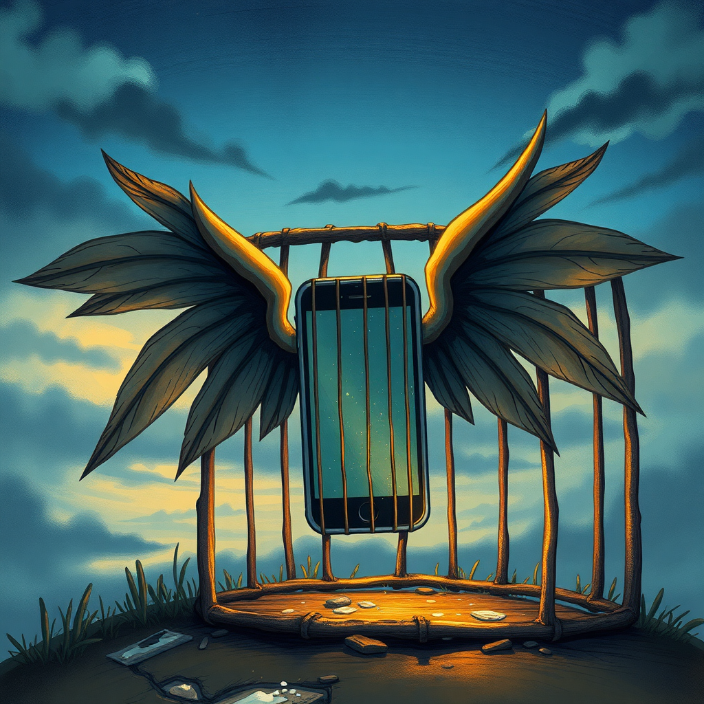 An iPhone with wings flying out of a cage and into a twilight sky, in the style of a professional children's illustration, lots of detail