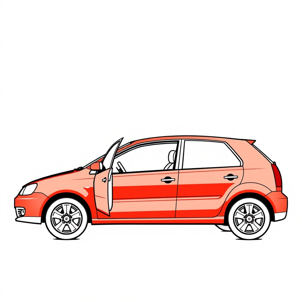 red vw polo II car, driver's door wide open, long establishing shot, 2D, caricature, cartoon, Sketch lines, coloring book, coloring book style on white background, well composed, clean coloring book page, No dither, no gradient, strong outline, No fill, No solids, vector illustration, realistic proportions, blueprint, left side view