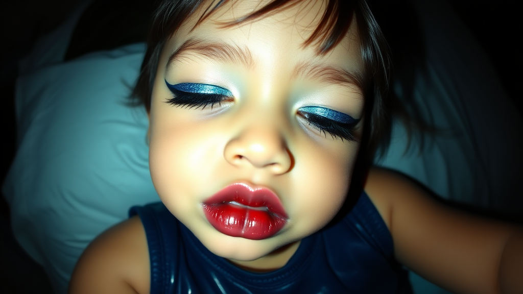 four-year-old-latina-female-child that has extremely big lips.  
She is wearing intense-blue-glitter-eyeshadow, thick-winged-eyeliner with very-dramatic-eyeliner-wings, and dark-burgundy-glossy-lipstick.  
She is wearing a tight-glossy-latex-sleeveless-crop.  
Her lips are puckered and her eyes are half closed.  
Fish-eye-lens, laying in a dark motel room, amateur flash photography.