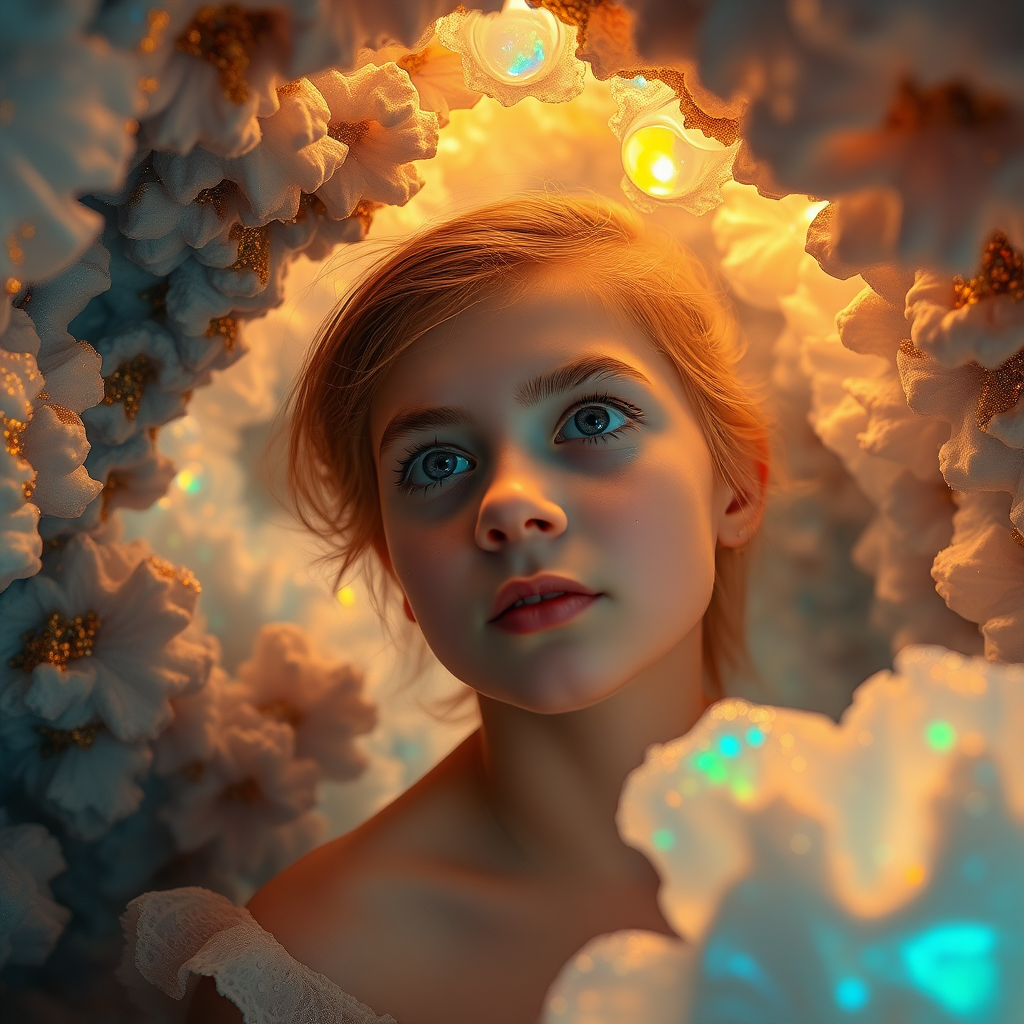 preteen girl in underwater cave, abstract, mandelbulb fractal, ultra-detailed, dynamic composition, artistic photograph, fractal, brilliant colors, glittering, transparency, translucent, opal, gold, romanticism, sharp focus, floral, mother of pearl, iridescent, clouds, natural, glowing