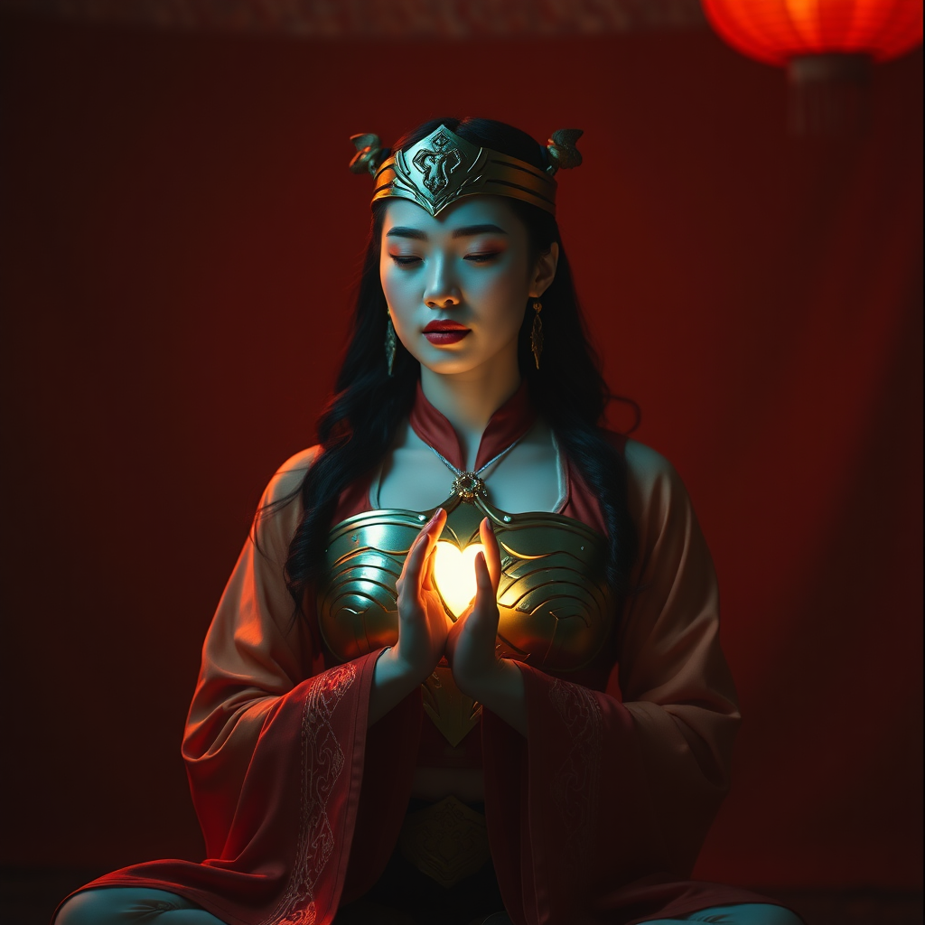 The Wonder Woman in Hanfu, the Chinese mythological figure Chang'e wearing JK costume, in the style of lomography, mood lighting, meditative color contrasts, unconventional poses, dark orange and light blue, luminous shadows, heart hologram glow