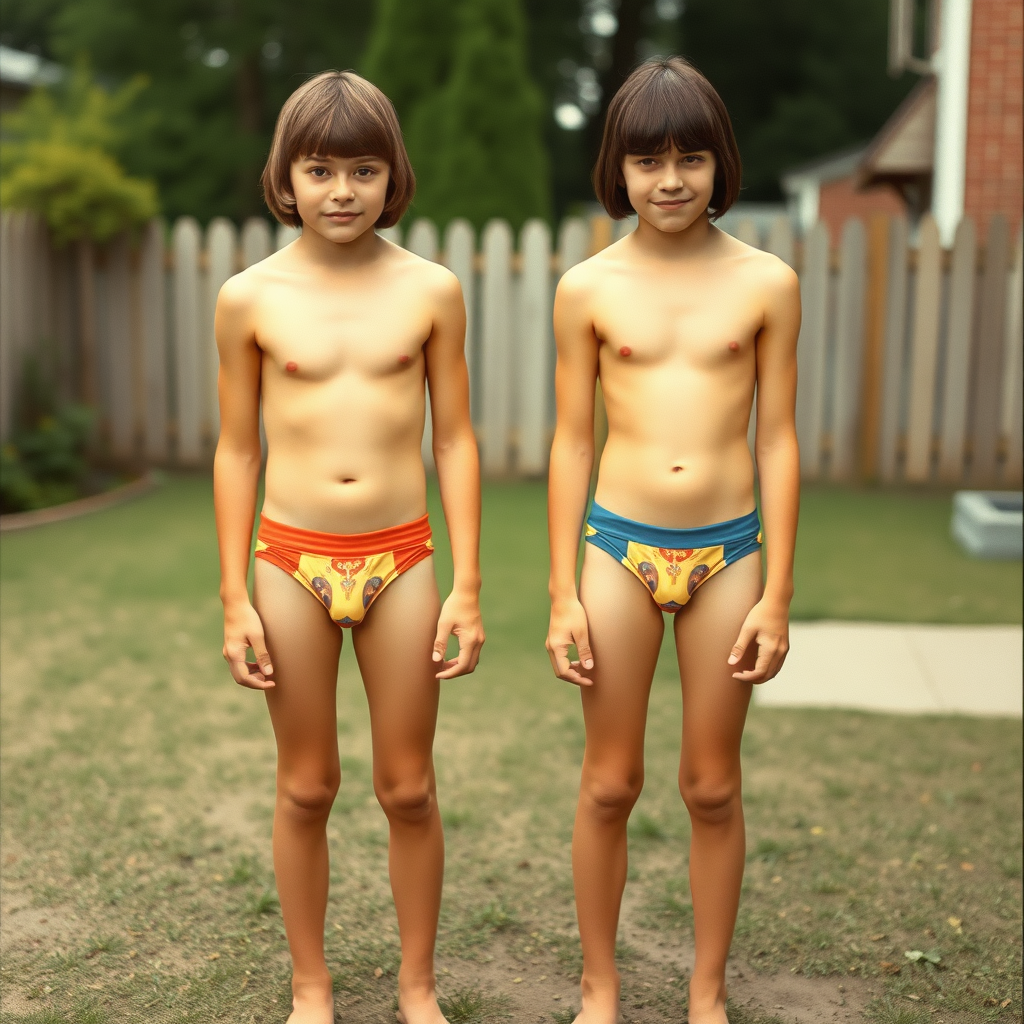 Two tall 14-year-old teen boys, long hair bob cut, wearing very tight colorful briefs, long legs, narrow thighs, full-length front view. 1970s, playing at backyard. Photorealistic, ultra high resolution, 16K. Negative: grainy, blurry, bad anatomy, extra limbs, watermark.