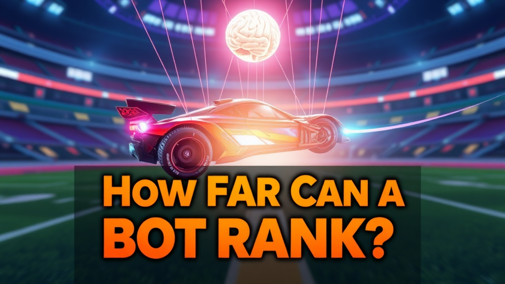 Create a Rocket League-themed thumbnail. Show an AI-controlled car with nitro boost flying toward a glowing ball, as in Rocket League. The car should be visually striking and eye-catching, with glowing lights around it that match the color theme. Have strings connecting the car to a brain, symbolizing AI control, as if the car is being puppeteered. The background should resemble a Rocket League stadium, with vibrant colors. Prominently display the text 'How Far Can a Bot Rank?' with bold, attention-grabbing effects.