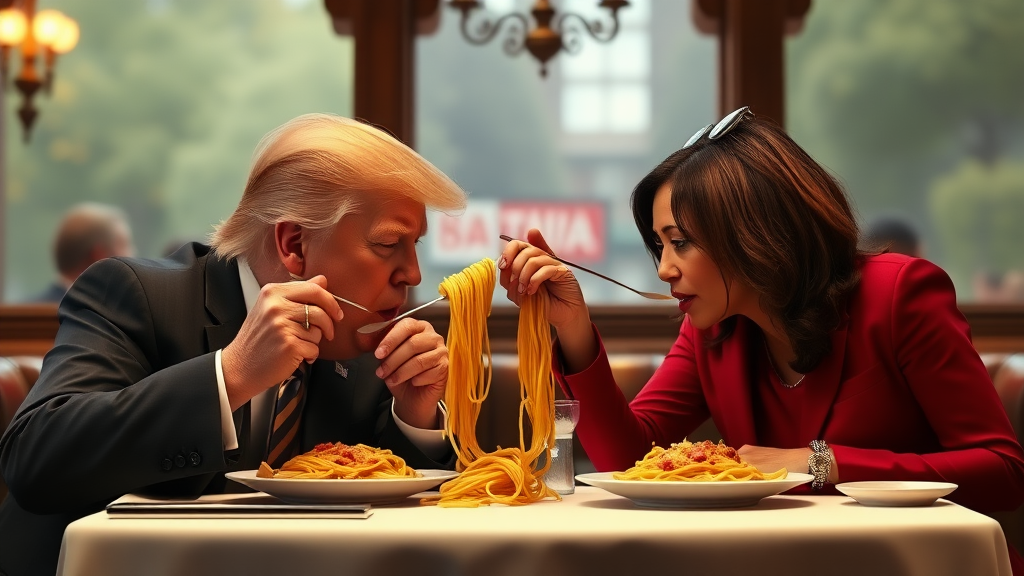 Photoreal style. ratio: 16:9. Donald Trump and Kamala Harris eating in an Italian restaurant a la the one in 'Lady and the Tramp.' Both humans are eating spaghetti from the same plate, only using their hands, and end up eating the same piece of spaghetti, making their heads meet.