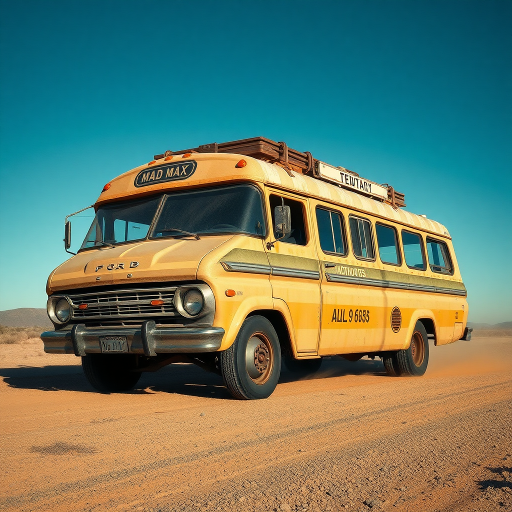 Ford Falcon Mad Max post-apocalyptic dust rusty zombie the bus is parked on the side of the road, inspired by Taiyō Matsumoto, tumblr, restomod, nd4, c4