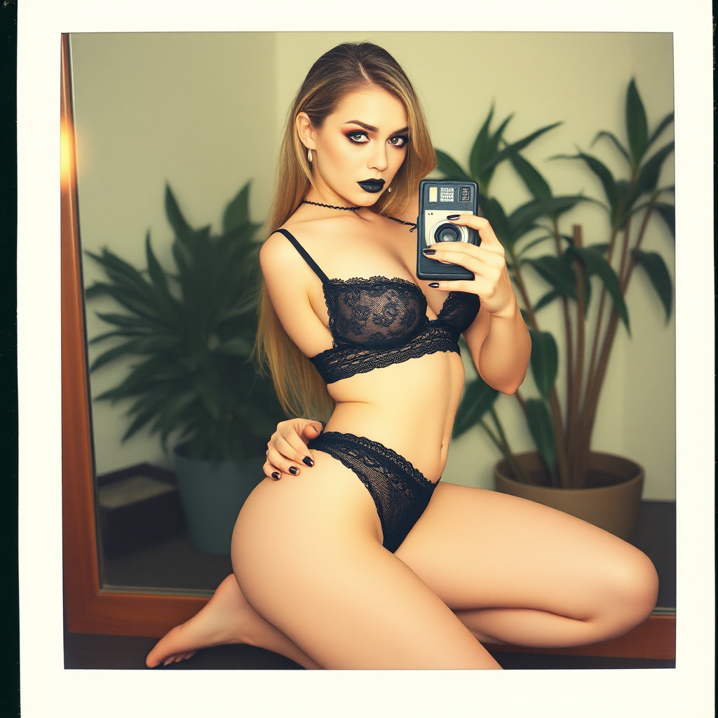 An old polaroid photo with a color tint to the photograph and visible light leaks. The photo depicts a reflection of a sexy girl with pale skin taking a selfie with an old film camera. Her booty is plump. She is gothic and wears seductive makeup with long eyelashes and black lipstick. Her mascara is running as though she has been crying. She has large breasts with ample cleavage. She is wearing a skimpy g-string that leaves a gap between her pubic area and thigh. The fabric of her g-string is black lace. Her bra is translucent and mesh. She is in a photography studio with artistic lighting and plants all around behind her. Her skin has a natural texture with visible pores and imperfections. Her nails are painted black. She is pulling her g-string by the edge. She has a thigh gap. She is on her knees kneeling above a large mirror.