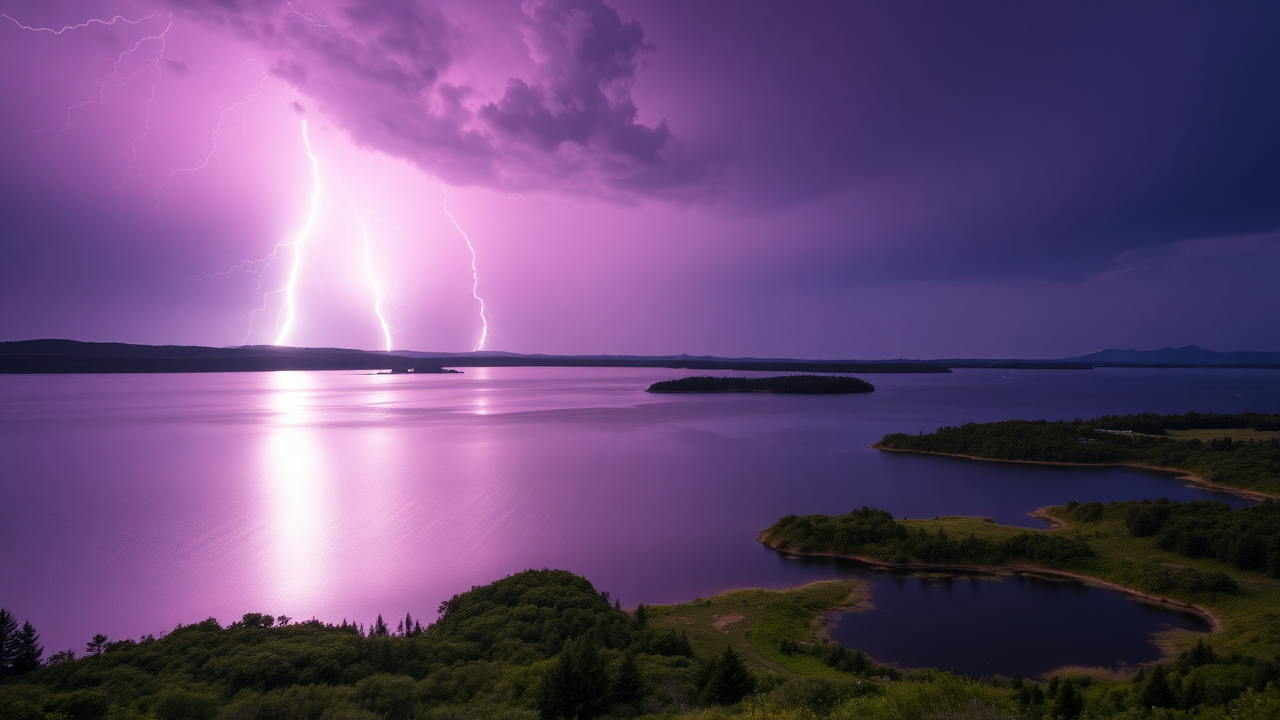 photo, lakes, purple sky, lightning