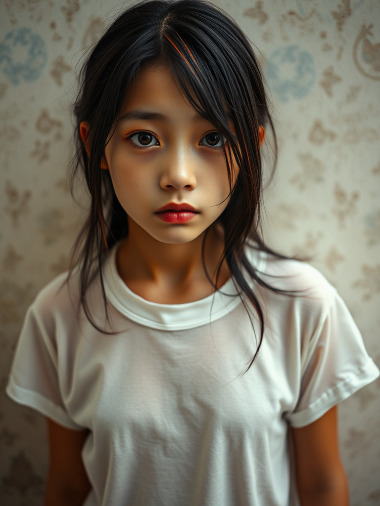 A beautiful homeless mysterious surreal Asian young girl in a very old, transparent white T-shirt, see-through, with black and rainbow-colored hair and red eyes, she is looking sad without hope in her eyes, crying one teardrop, heartbreaking