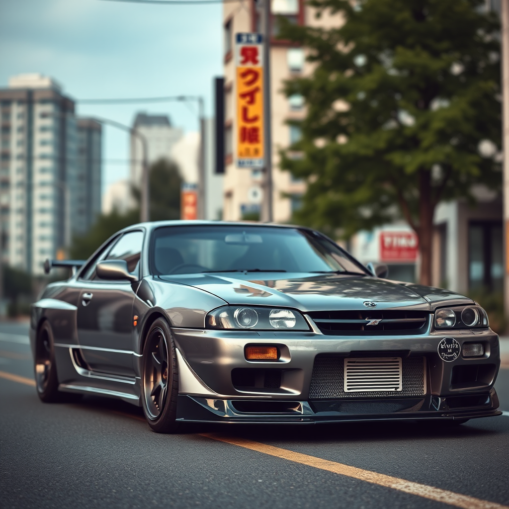 The car is parked on the side of the road, inspired by Taiyō Matsumoto, tumblr, restomod, nd4, c4 metallic shine gray black nissan skyline r34 tokyo arkaplan hatasız tam eksiksiz ayrıntılı genel gerçek detaylar en iyi fotoğraf poz sinematik hafif yağış su damlalar ıslak yok