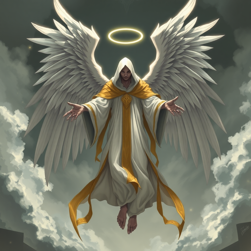 (Anime-styled art), A celestial yet eerie figure hovers in midair, with four majestic angelic wings unfurled. The being is faceless, shrouded in flowing white and gold robes, its skin a muted grey. Its outstretched hands radiate both holiness and an unsettling, unearthly presence.