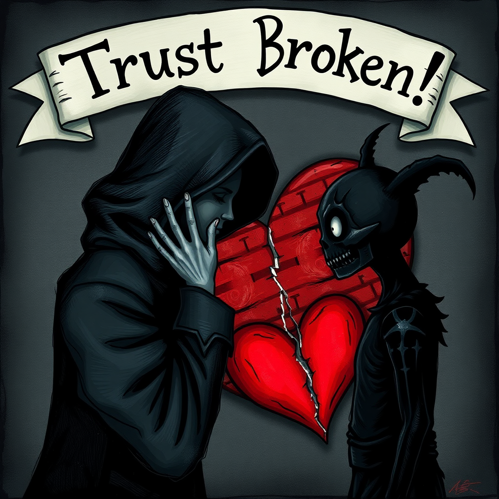 An imaginative scene depicting a shadowy figure whispering secrets to a dark character, with a heart symbol cracked in the background, and a banner overhead that reads, "Trust Broken!"