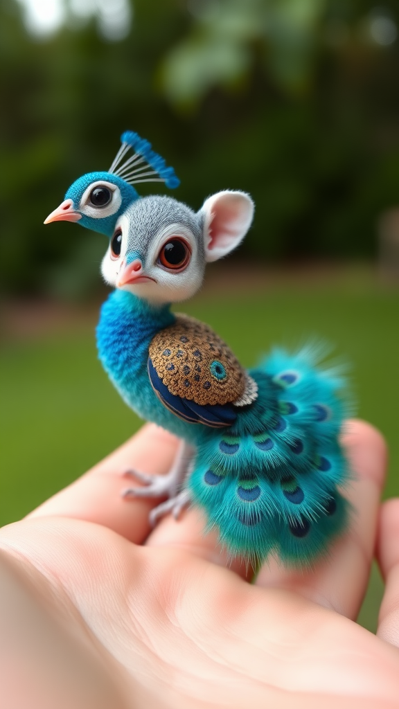 A small tiny cute chubby big eyes big perfect tail real blue dancing peacock on hand