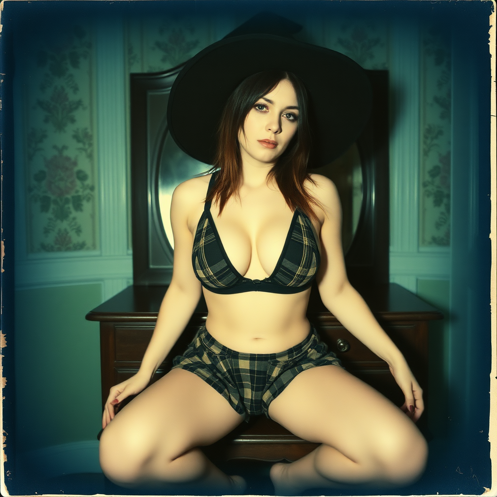 can of an old polaroid photo with heavy dark vignetting and a blue color tint to the photograph and visible light leaks. The photo depicts a sexy alt goth girl with pale skin. She has large breasts with ample cleavage and is wearing a plaid bra with triangle shaped cups. She is wearing a witch hat. The image looks hazy and grungy. She is in an old house with wallpaper on the walls. Dark lighting with camera flash used. Candid. She is wearing a pleated miniskirt and a plaid thong. She is sitting on a built-in vanity with a mirror with her knees spread apart.