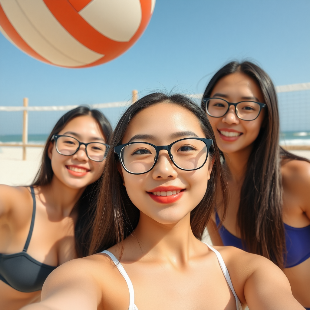 three Asian girl with gorgeous face, wearing glasses, in beach playing volleyball, white skin, tall, selfie, straight hair