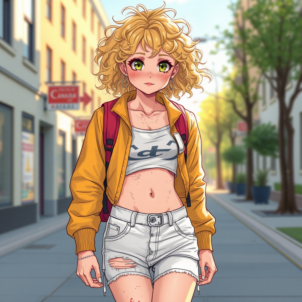 Realistic drawing style image, Extremely good quality 8k resolution drawn manga image of a 15 year old petite and short tomboy girl with golden blonde curly hair with mixed and different colored eyes for each eye and moles on her entire body and is a white American girl, Has on a Gold Jacket over a white extremely short crop top only covering her breasts and nothing more with a design on it, and has on ripped shorts and cool looking sneakers and a deep and big knife cut wound on her stomach from a huge injury she had, with a bright color backpack, ear piercings on, walking on the street to school in the morning with the beautiful sunlight lighting up her body beautifully with no tattoos.