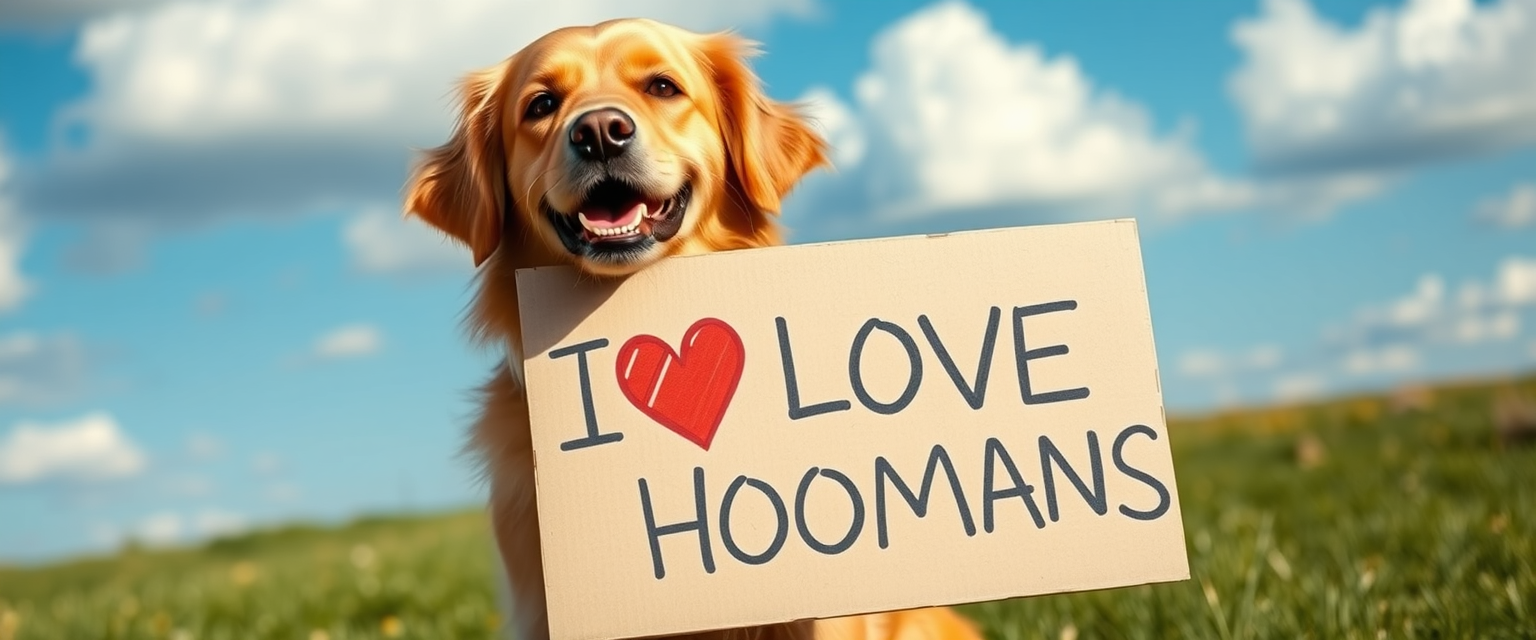 (A golden retriever dog) holding a large (cardboard sign in its mouth), with the text I LOVE HOOMANS written on it in a childlike, crayon-style font. The dog has a happy, friendly expression on its face and is standing on a grassy field with a blue sky and fluffy white clouds in the background.