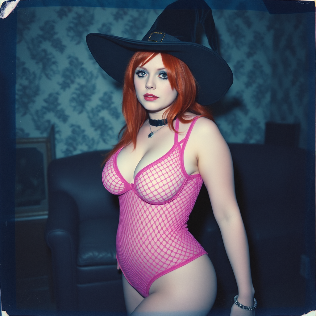 Scan of an old polaroid photo with heavy dark vignetting and a blue color tint to the photograph and visible light leaks. The photo depicts a sexy alt goth girl with pale skin and red hair. She has a plump booty. She has large breasts with ample cleavage and is wearing a pink fishnet bodysuit. She is wearing a witch hat. The image looks hazy and grungy. She is in an old house with wallpaper on the walls. Dark lighting with camera flash used. Candid