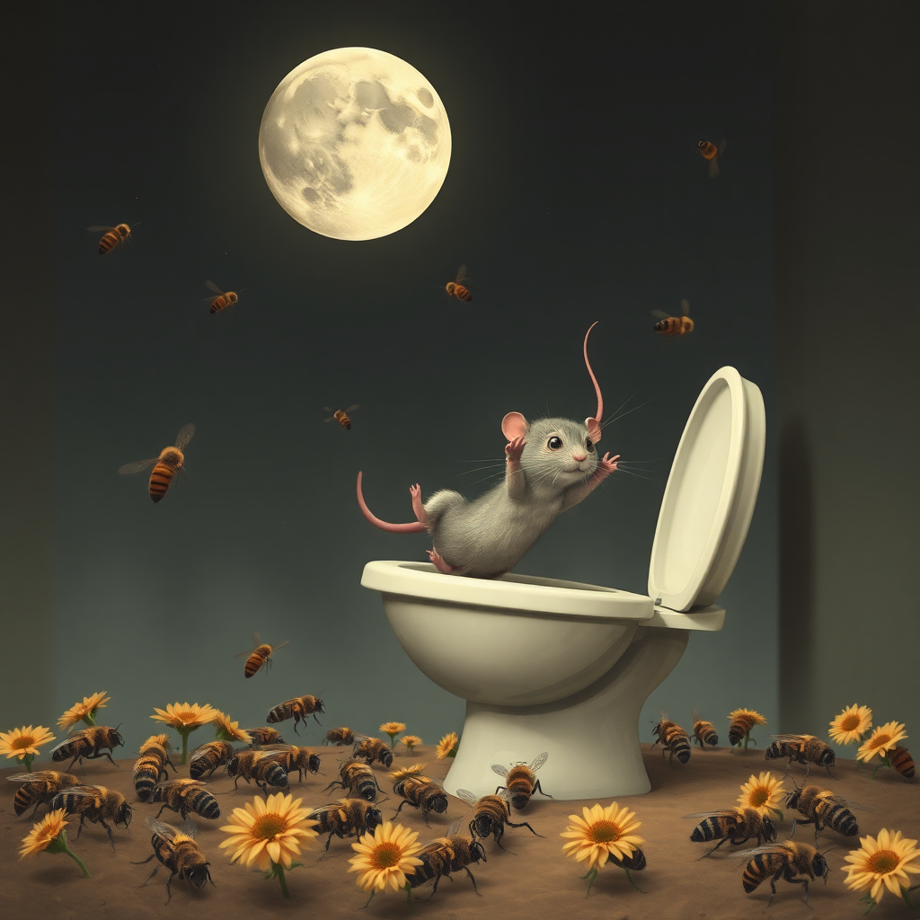 A rat politician diving off the moon into a toilet, bees, Mongolian,