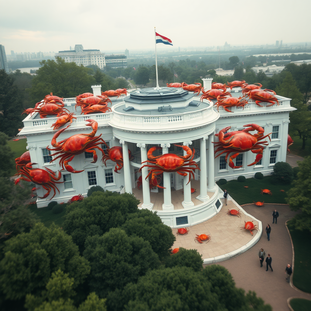 aerial shot of lots of huge crabs invading the white house, photorealistic, with caption crabs for president