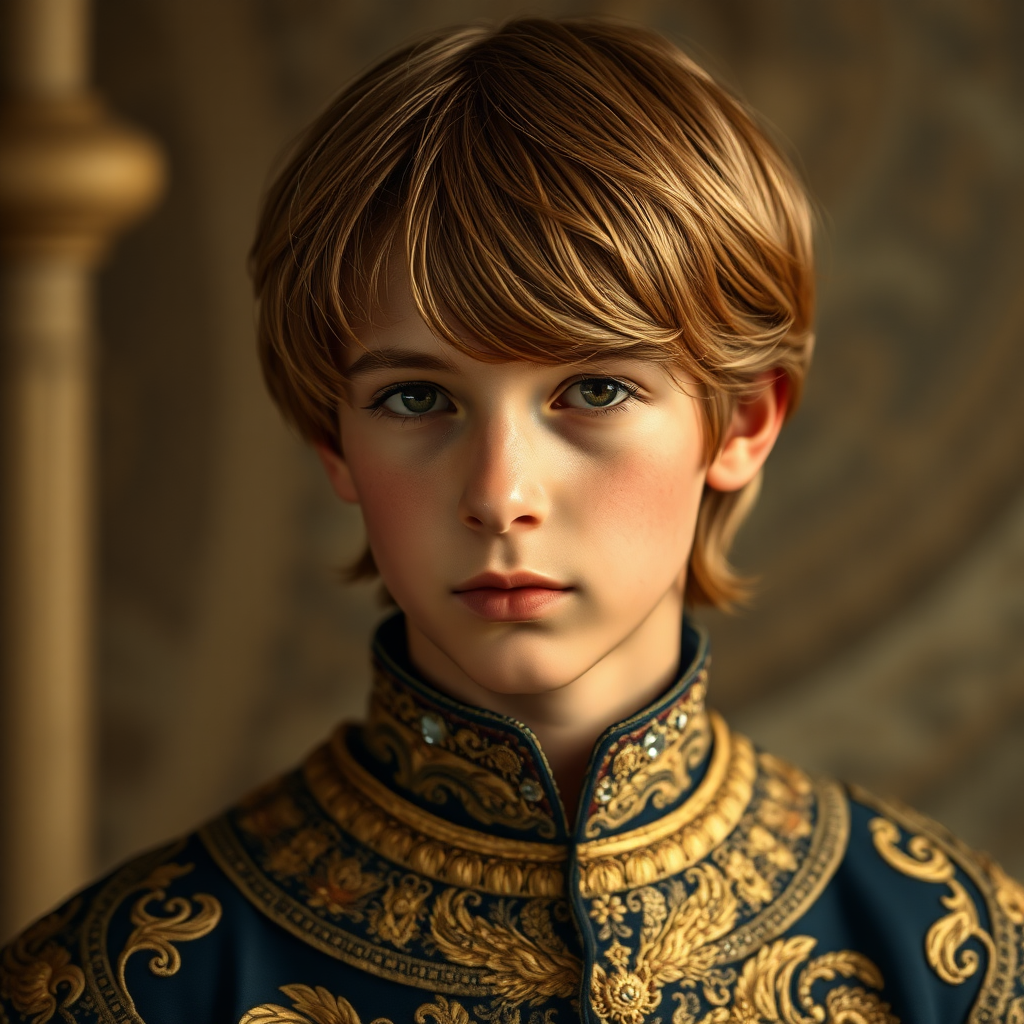 16yo teen boy prince, long bob cut, embroidered with gold and diamonds medieval cloths. photorealistic, ultra high resolution, 16K,