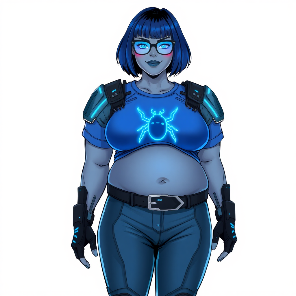 A 28-year-old, full-figured, middle gray skinned computer program hybrid with a maximum blue bob cut. She has a non-athletic build, highlighted by a prominent, round, large midsection (with emphasis on her belly), which shows the aftermath of her pampering. As the heavily pampered digital sidekick to her cyberpunk vigilante boyfriend, her middle gray metallic skin and maximum blue lipstick emphasize her digital nature. She wears a digital, computerized costume consisting of a huge, tight-fitting, maximum blue t-shirt with a neon blue glowing chest icon of a beetle, hi-tech shoulder pads with neon blue accents, a black hi-tech belt with a digital neon blue glowing buckle, digital maximum blue biker pants with neon blue accents, and black hi-tech fingerless biker gloves with neon blue glowing accents. Her neon blue glowing eyes, black eyeglasses with a neon blue glowing HUD built in its lenses, and shy smile with neon red blush accentuate her nerdiness. She stands bashfully with her hands behind her back, her costume covering all her skin and emphasizing her full-figured physique (especially her belly). She is clearly non-athletic, with a focus on her full-figured physique. Despite her build, she radiates beauty. She has a slim face compared to her physique, accentuating her radiant beauty. She is on a solid white background. She is drawn as if she was in a retro 2D cyberpunk fighting game.