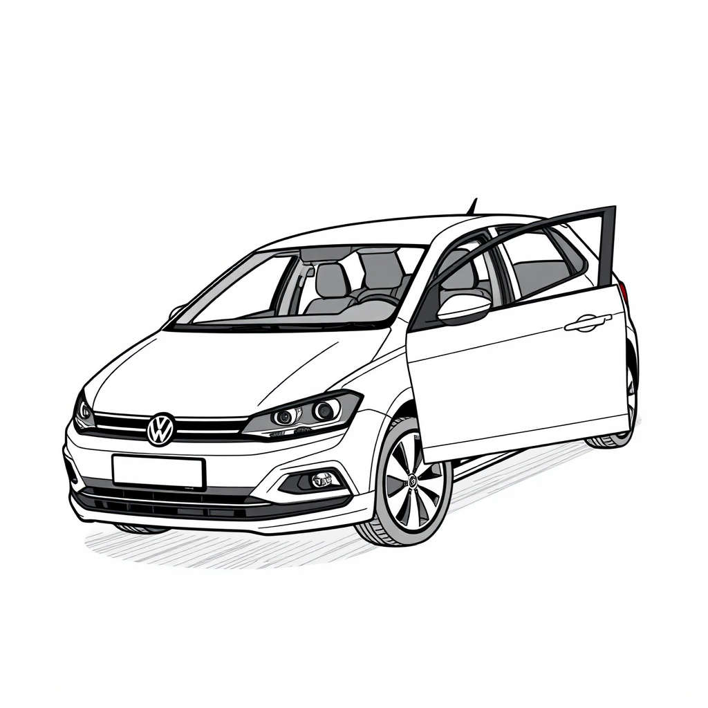 a white VW Polo V, driver door open
long establishing shot, 2D, caricature, cartoon, Sketch lines, coloring book, coloring book style on white background, well composed, clean coloring book page, No dither, no gradient, strong outline, No fill, No solids, vector illustration, side view, vector illustration, movement lines