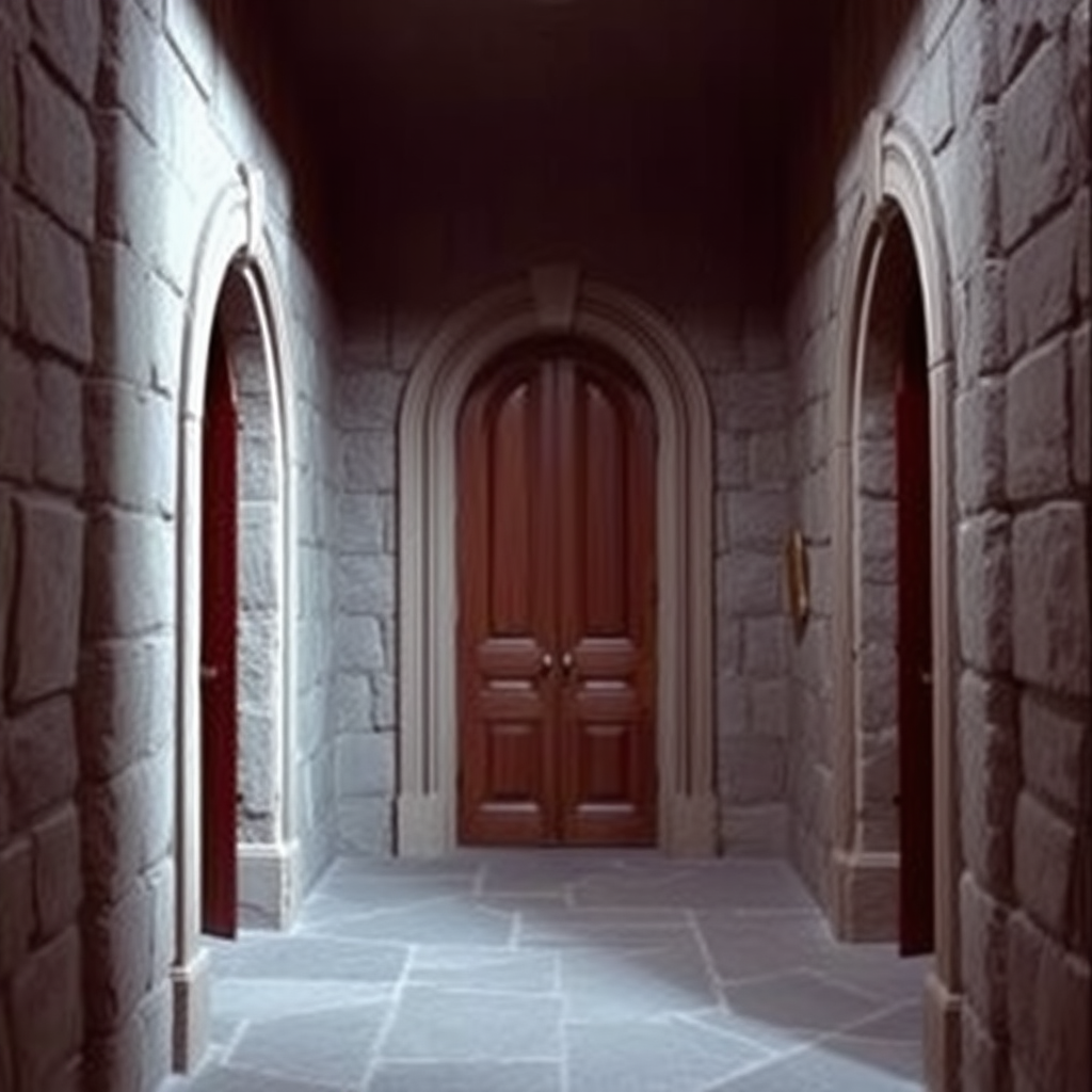 highly detailed realistic 35mm fantasy movie still photograph from 1981 of The second pair of alcoves are actually secret one-way doors, but totally unnoticeable to anyone on the side of the entrance corridor (even if close examination is made). These one-way doors are also a defensive measure to allow guards to appear in the rear of any invading group which passes this point