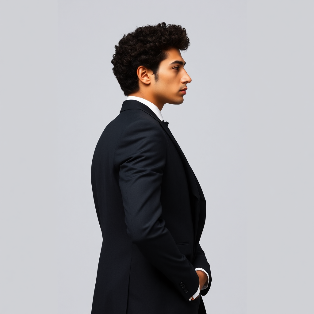 Tall male Tunisian model in profile, dressed in an elegant suit, long pants, patent leather shoes, curly hair from blacks, oval face, small nose, brown eyes, thin lips, normal attached ears, slight double chin, Mediterranean complexion, very thin brown eyebrows.