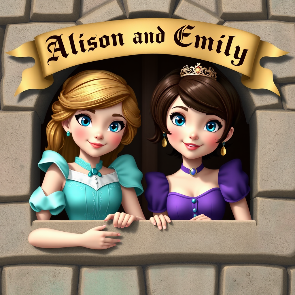 Two photo realistic princesses, one with light brown hair, blue eyes and aqua colored dress and the other with short brunette hair, blue eyes and purple dress peeking out the window of a castle with a medieval banner overhead saying "Allison and Emily"