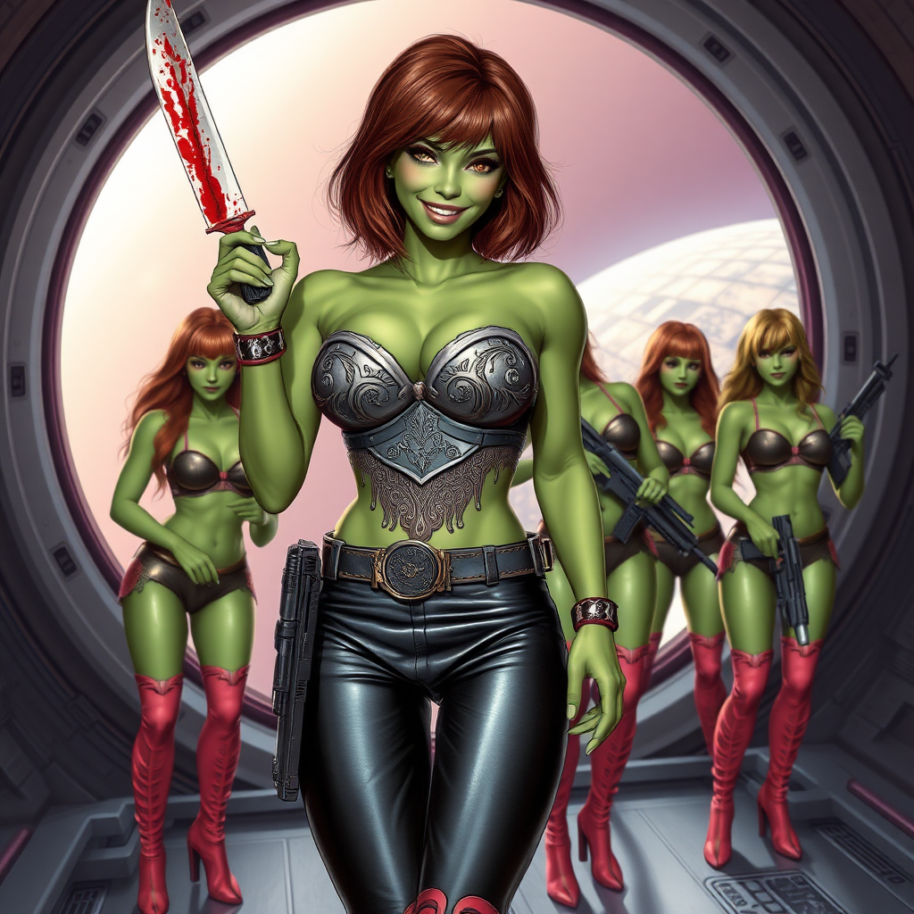 Tall, beautiful green skinned woman. Her brown hair is in a shag-cut style. Her eyes are gold. She is dressed in an ornate metal bra. She is wearing black leather pants, with pink knee high boots. She is holding a large, bloody dagger in a threatening manner. She is smiling. A sci-fi looking gun is holstered at her hip. Four other green-skinned women, dressed in metal bikinis, each carrying a weapon, stand with her. They are at a sci-fi looking space-port.