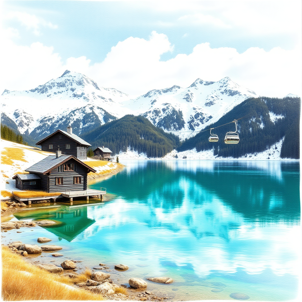 A fresh landscape with a calm lake in the foreground reflects breathtaking snow-covered peaks in the background. This scene captures a quiet mountain house made of dark wood located near the water's edge, with a nearby ski lift tower visible. The water is crystal clear, showcasing vibrant turquoise tones that beautifully contrast with the earthy browns and greens of the surrounding terrain. The sky, in soft shades of blue, is scattered with clouds, adding to the serene atmosphere. Expressed as a pencil drawing.