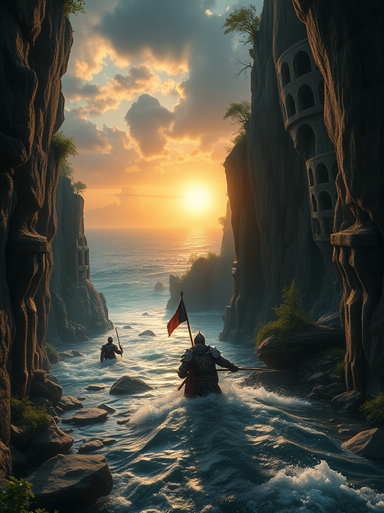 an epic cinematic low camera angle movie matte painting of a wounded knight navigating a precarious river surrounded by imposing cliffs with interesting rock formations and embedded ruins, foliage, trees, hanging vines and sporadic dead skeletons and armor from dead warriors from a long ago battle, in the cliffs reveal background the ocean in a sunset with a big sun and dramatic clouds