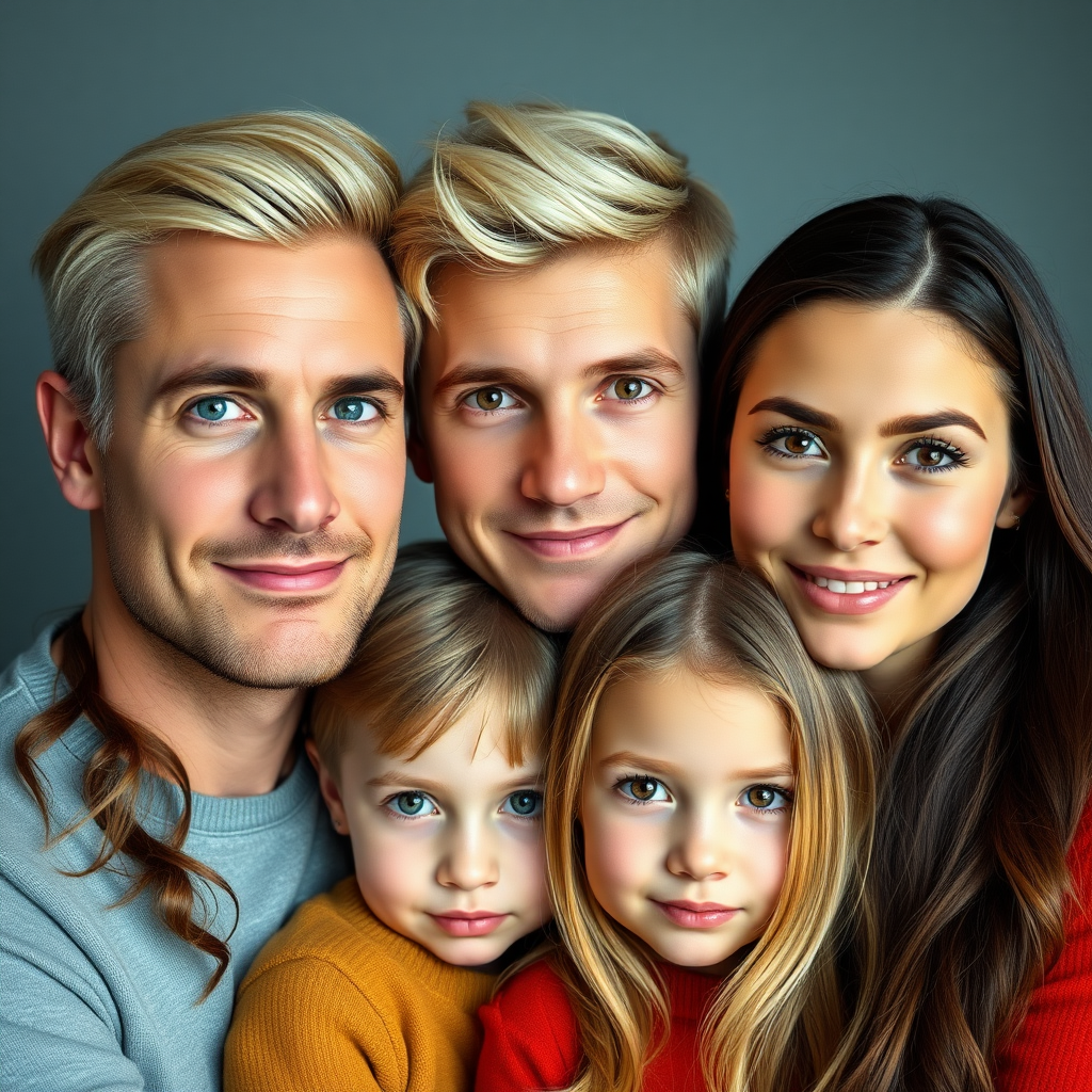 a family portrait with a blonde dad with green eyes, a brown-haired mom with brown eyes, and brown-haired teenage twins with their father's eye color, who have a little blonde sister with brown eyes