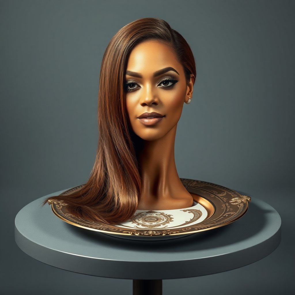 In a surreal and striking scene, the elegantly styled disembodied head of a stunningly beautiful Beyoncé rests gracefully on an ornate, luxurious plate, which is carefully placed on a simple, understated table. Her very long, flowing hair cascades like a rich waterfall of silky, rich brown locks, framing her exquisite face and accentuating her radiant, flawlessly glowing skin. The delicate contours of her chin rest lightly against the polished surface of the plate, lending an unexpected intimacy to the bizarre presentation. 

The background is a muted, plain gray, casting an air of modern minimalism that contrasts dramatically with the lavishness of her appearance. Soft shadows play across her features, highlighting the subtle high cheekbones and perfectly shaped lips, which seem poised for a soft smile. The atmosphere feels both elegant and eerie, inviting intrigue and contemplation as viewers are drawn into this surreal artistic tableau, where beauty and the absurd collide in unexpected harmony.