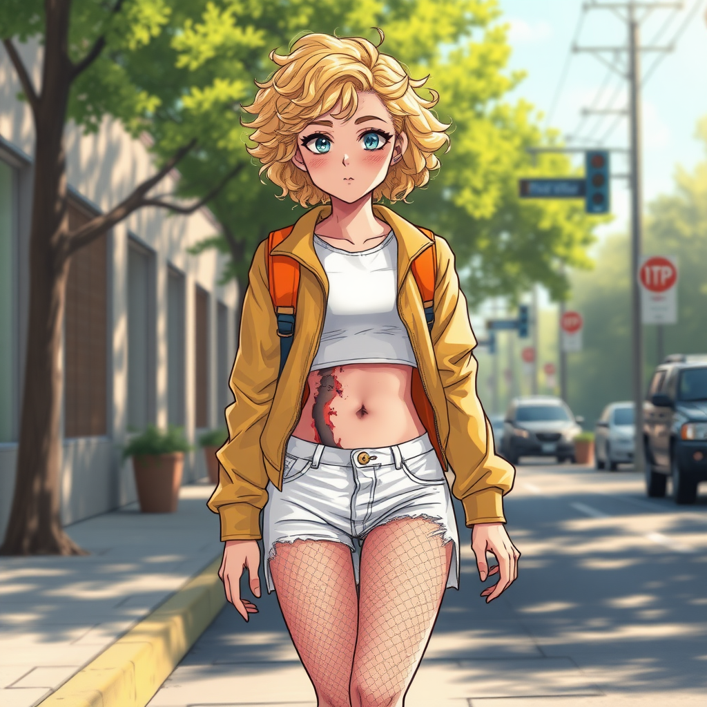 Realistic drawing style image, Extremely good quality 8k resolution drawn manga image of a 15 year old petite and short tomboy girl with golden blonde curly hair with mixed and different colored eyes for each eye and moles on her entire body and is a white American girl, Has on a Gold Jacket over a white extremely short crop top only covering her breasts and nothing more with a design on it, and has on ripped shorts and cool looking sneakers and a deep and big knife cut wound on her stomach from a huge injury she had, with a bright color backpack, ear piercings on, walking on the street to school in the morning with the beautiful sunlight lighting up her body beautifully with no tattoos.