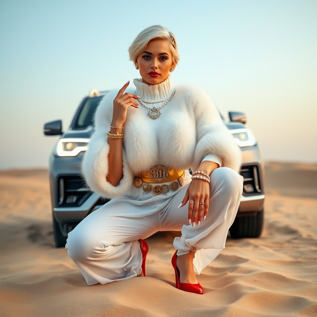 Kuwait desert dunes misty dawn, full size luxury SUV: Melissa, European 17 years old very convincing femboy “trophy-bimbo”, tamed servile docile, very beautiful feminine flawless face, rather short, by hormones very curvaceous womanly figured, platinum blond short tight curls, bold red lips, long white French nails, heavily made-up face, wearing Supertanya-style fluffy very fuzzy bright white angora turtleneck-poncho cropped ending under bust decorated with pearls and glass stones, striking oriental wide gold bridal protection belt, white fully transparent harem pants, bright red pumps with golden very high heels, full Oriental bridal jewelry including headpiece, nose-ring, coin wristlets, coin anklets, striking diamond “Bimbo” letter brooch on left chest, thick heavy pearl wristlets, pearl anklets, pout frustrated, kneeling in sand in front of SUV, looking at camera. Focus on face and turtleneck-poncho.