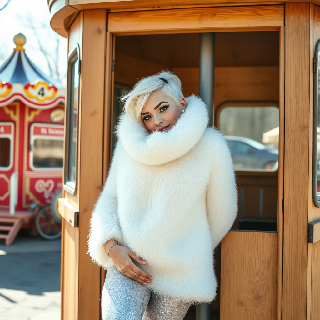 Amusement park wooden “kissing booth,” sunny spring Sunday morning. Sam, 19 years old beautiful involuntary femboy, rebellious intractable character, petite boyish figure, platinum blond boyish rebel punk hairstyle, flawless heavily made-up face with sharp arched tattooed eyebrows, wearing Supertanya-style fluffy very fuzzy bright white angora thigh-length turtleneck-poncho fully covering body and arms, silver-glitter leggings, black leather high-heeled pumps, silver earrings, both hands tied to pole behind back, standing inside kissing booth, waiting for next customer to kiss. Focus on Sam’s face and turtleneck-poncho.