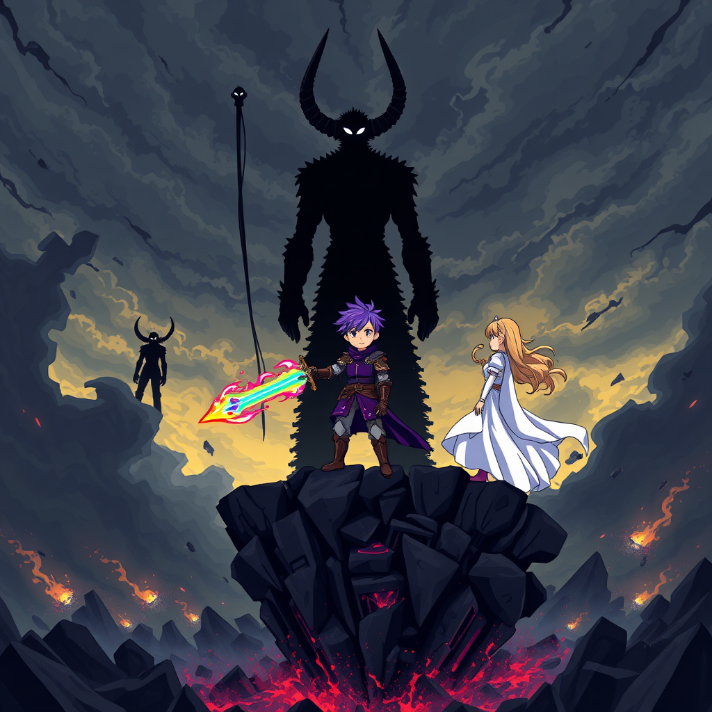 (Anime Style Pixel Art) In an apocalyptic world on the brink of collapse, the sky is dark and ominous, swirling with chaos as the ground disintegrates into an endless abyss. Three towering, humanoid beings known as *The Roaring Titans* loom menacingly in the distance, their forms composed entirely of black shadow, exuding pure darkness. Two of the titans are thin, stick-like figures, their single white, star-shaped eyes glowing with a piercing light. The one in the center is grotesquely massive, with two jagged horns emerging from the void.

Standing defiantly on a crumbling, floating island is a teenage boy with spiky purple hair, clad in gleaming purple knight armor. In his hand, he grips a sword blazing with rainbow-colored flames, its brilliance cutting through the despair around him. Beside him, a young woman draped in flowing white robes with golden hair stands poised, both of them facing the looming titans, ready to confront the destruction together.